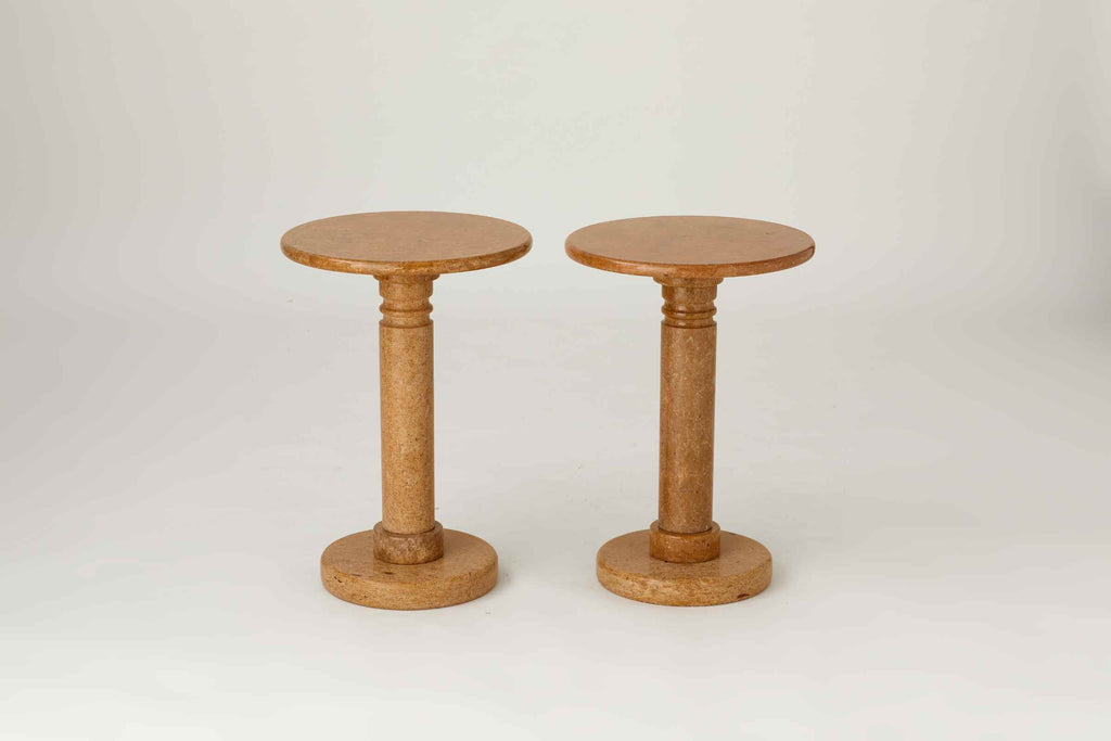 PAIR OF CARAMEL COLOURED VINTAGE MARBLE PLINTH TABLES