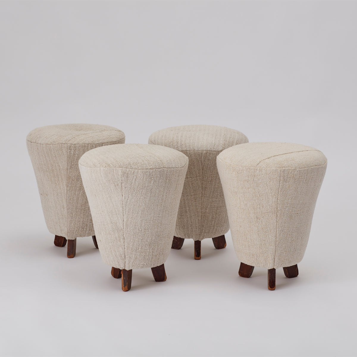 Stool Hand Upholstered In Vintage Hungarian Linen Aged Wooden Legs – AU
