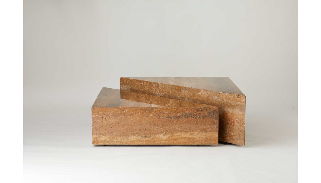 PAIR OF VINTAGE SANDWICH SHAPED TAUPE COLOURED MARBLE TABLES