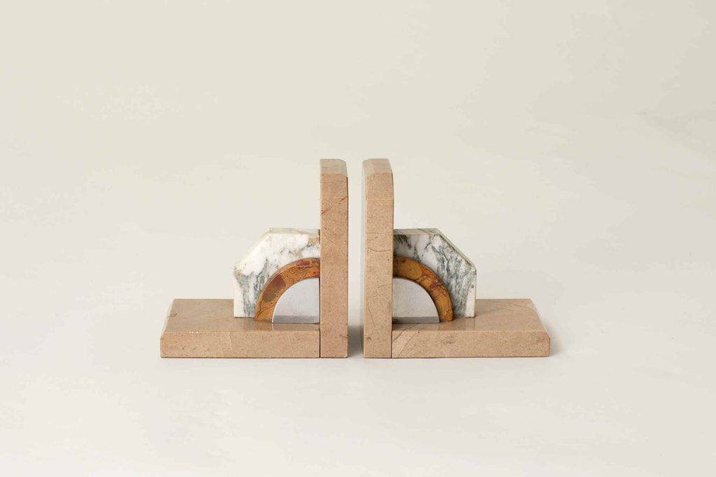 VINTAGE ART DECO CREAM  BRASS AND CHROME  MARBLE BOOK ENDS