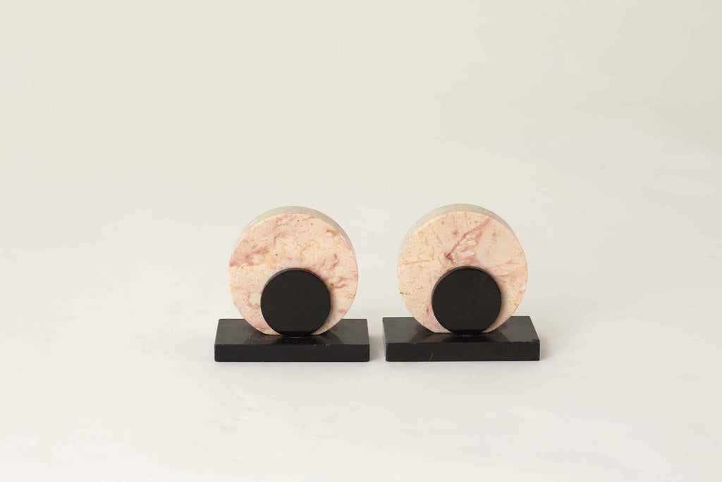 VINTAGE ART DECO BLACK AND PINK CIRCLE MARBLE BOOK ENDS