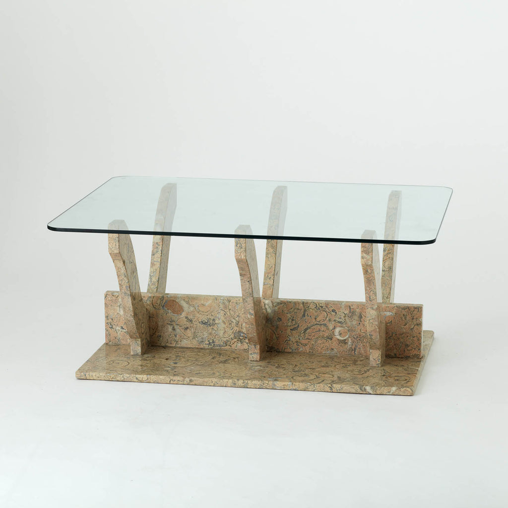 RARE VINTAGE SIX ARMED UPSIDE DOWN MARBLE AND GLASS COFFEE TABLE