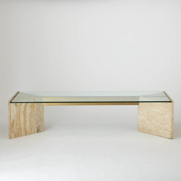 VINTAGE ARTEDI LONG GLASS BRASS AND TRAVERTINE COFFEE TABLE