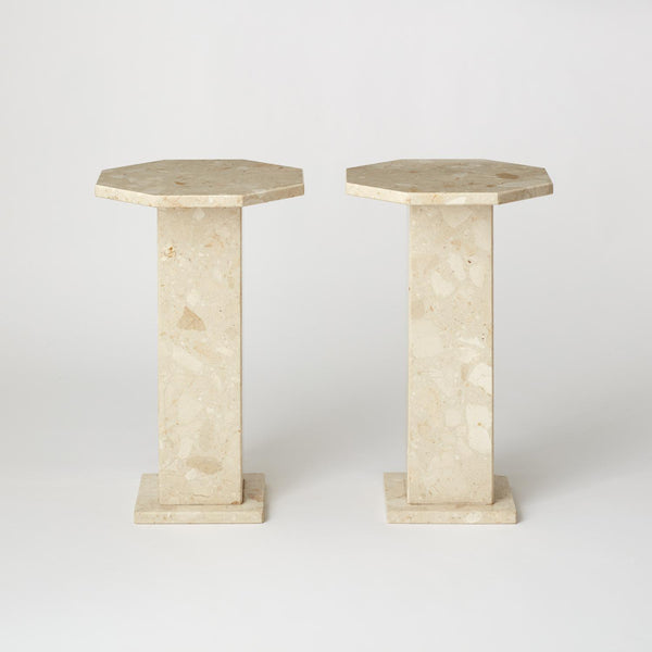 PAIR OF VINTAGE OCTAGONAL SHAPED ITALIAN CREAM MARBLE SIDE TABLES