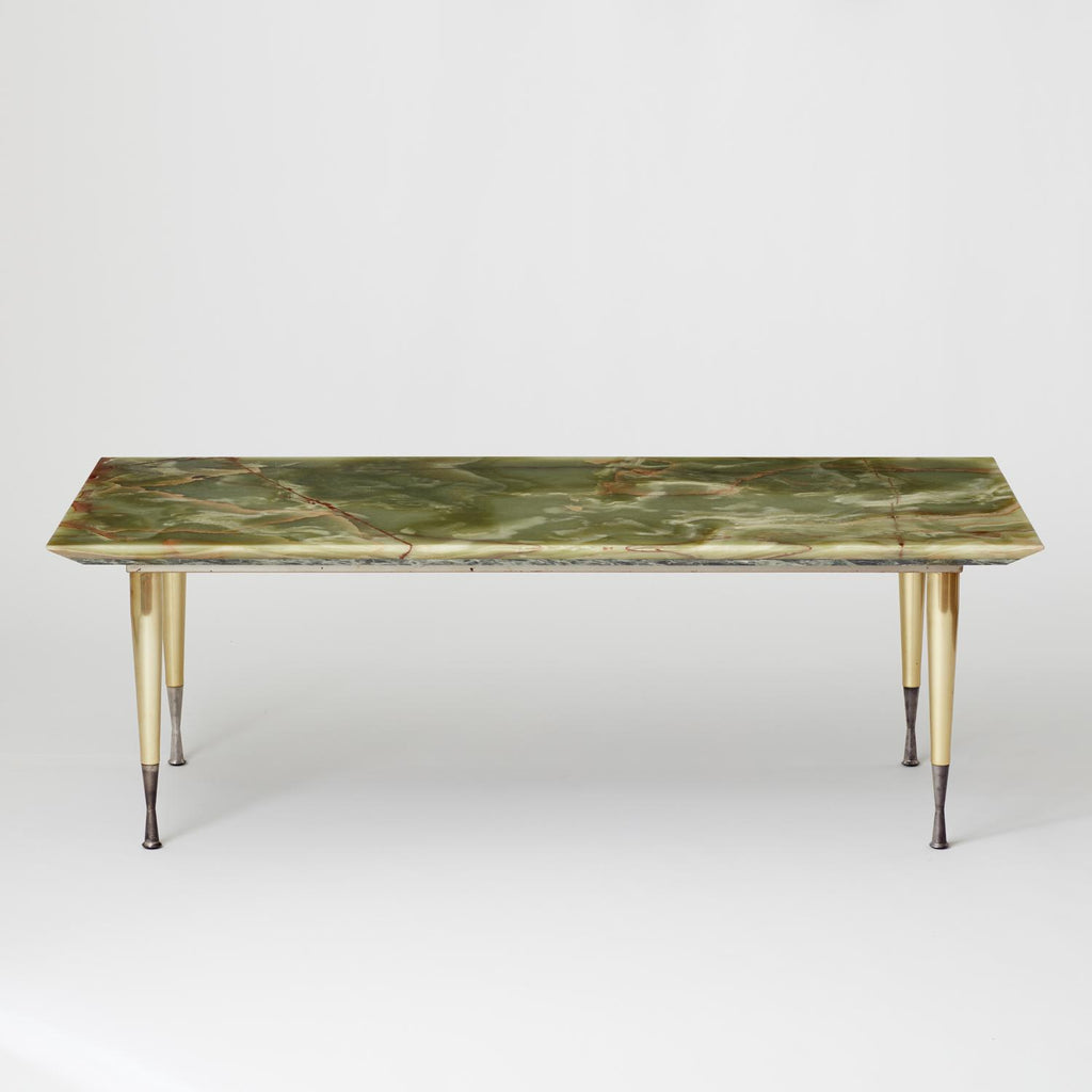 VINTAGE ITALIAN GREEN MARBLE TABLE WITH BRASS TAPERED LEGS