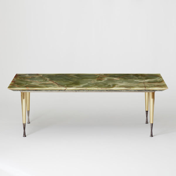 VINTAGE ITALIAN GREEN MARBLE TABLE WITH BRASS TAPERED LEGS