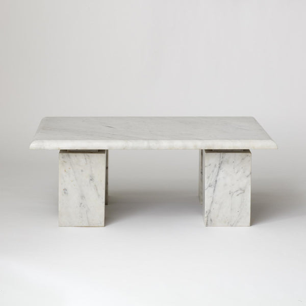 VINTAGE ITALIAN SMALL WHITE MARBLE SIDE TABLE WITH BLOCK FEET
