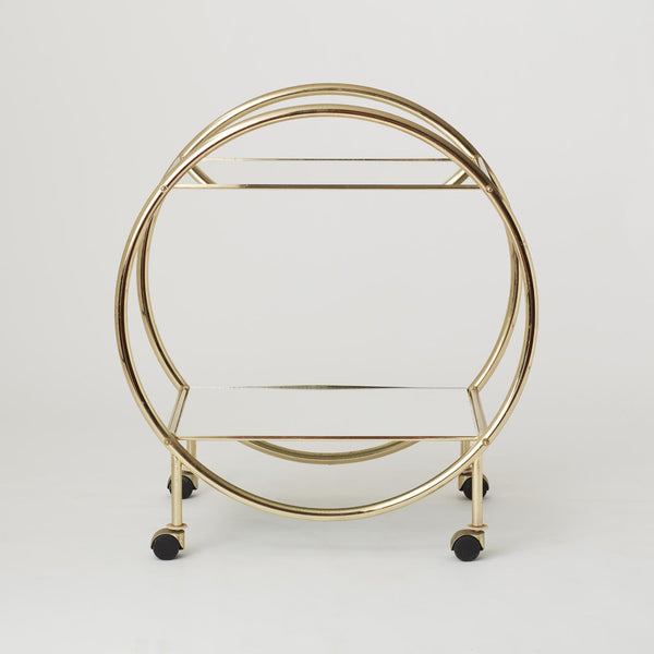 VINTAGE FRENCH ART DECO BRASS AND MIRRORED ROUND BAR CART