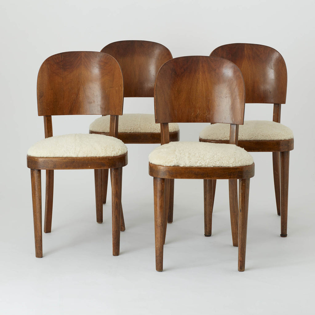 SET OF FOUR VINTAGE CREAM SHEEPSKIN COVERED WALNUT DINING CHAIRS