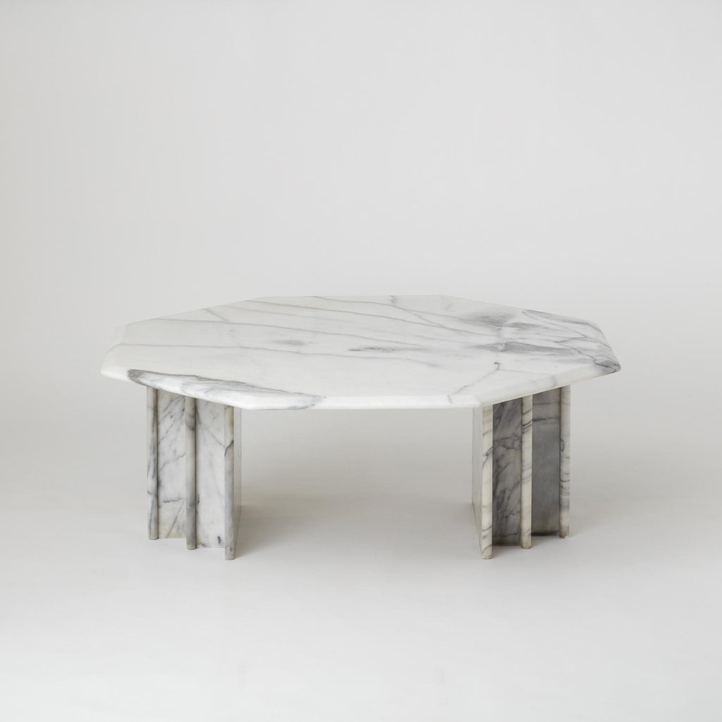 VINTAGE ITALIAN WHITE AND GREY VEINED OCTAGONAL SHAPED MARBLE COFFEE TABLE