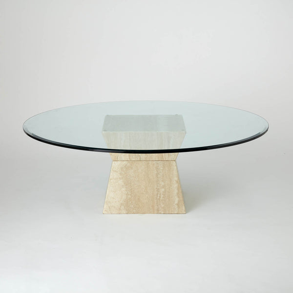 VINTAGE ROUND GLASS COFFEE TABLE WITH A CREAM TRAVERTINE BASE