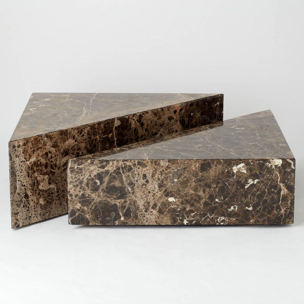 SET OF TWO VINTAGE ITALIAN SANDWICH SHAPED DARK BROWN TONED MARBLE TABLES