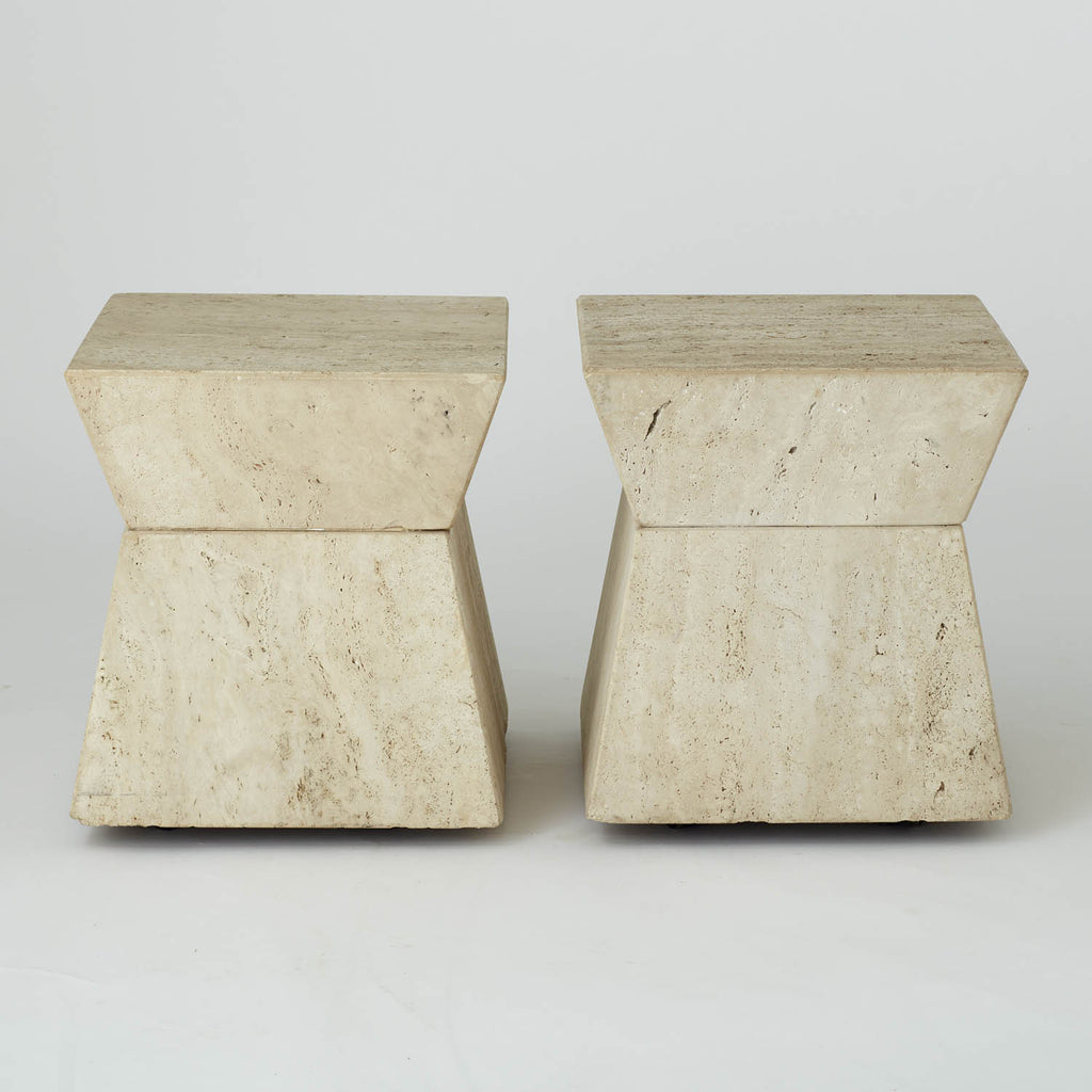 PAIR OF VINTAGE RAW TRAVERTINE SIDE TABLES WITH PINCHED WAISTS