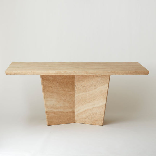 VINTAGE TRAVERTINE DINING TABLE WITH CROSS BASE DETAIL