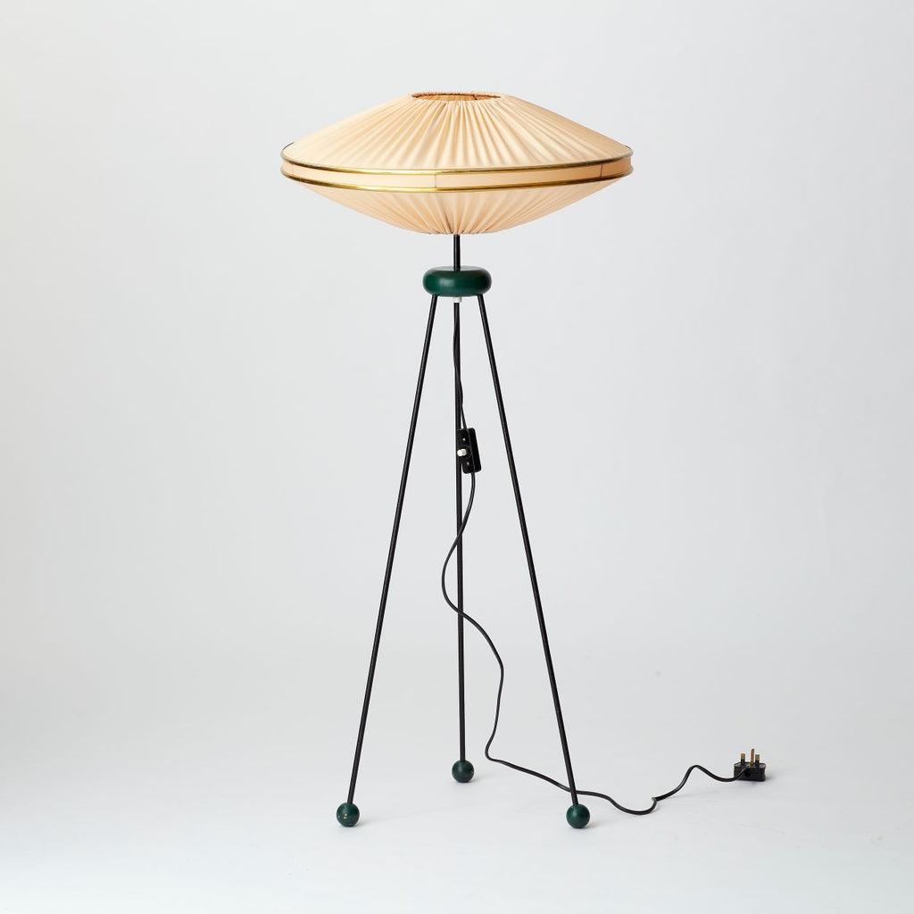 VINTAGE 1970’S TRIPOD FLOOR LAMP WITH FABRIC SHADE