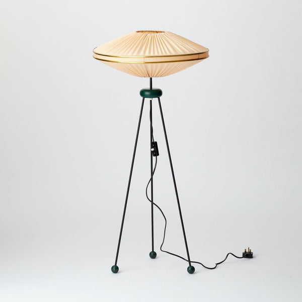 VINTAGE 1970’S TRIPOD FLOOR LAMP WITH FABRIC SHADE