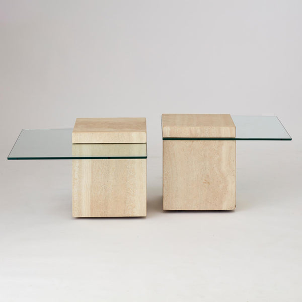 PAIR OF VINTAGE 19070S ITALIAN TRAVERTINE AND GLASS SIDE TABLES ON CONCEALED WHEELS