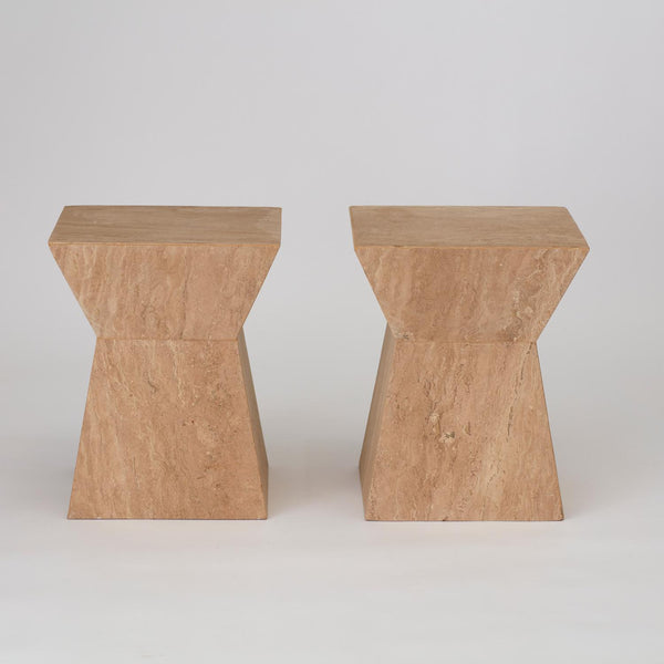 PAIR OF VINTAGE MUSHROOM COLOURED STONE SIDE TABLES WITH PINCHED WAIST