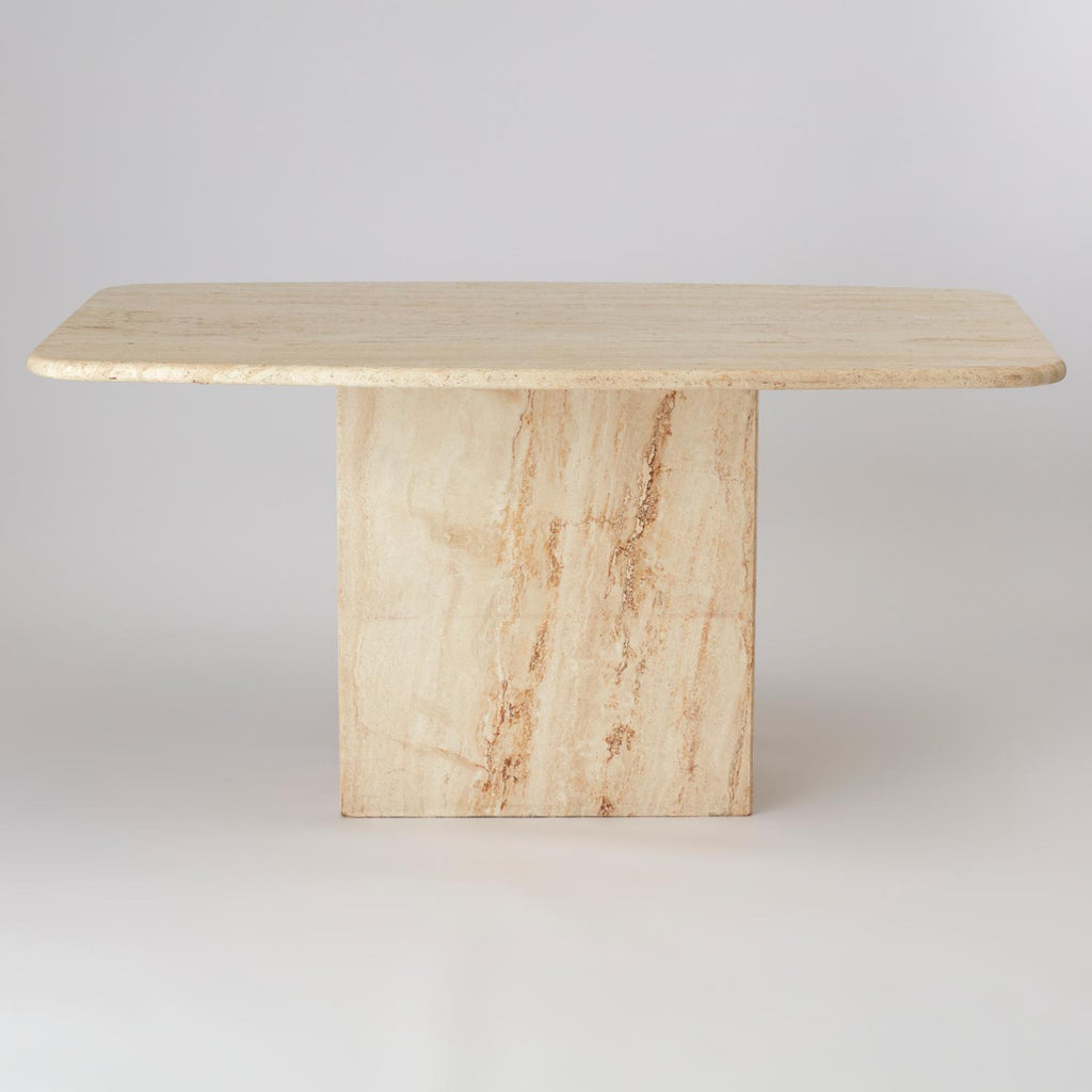 VINTAGE CREAM MARBLE DINING TABLE WITH ROUNDED CORNERS AND RECTANGLE BASE