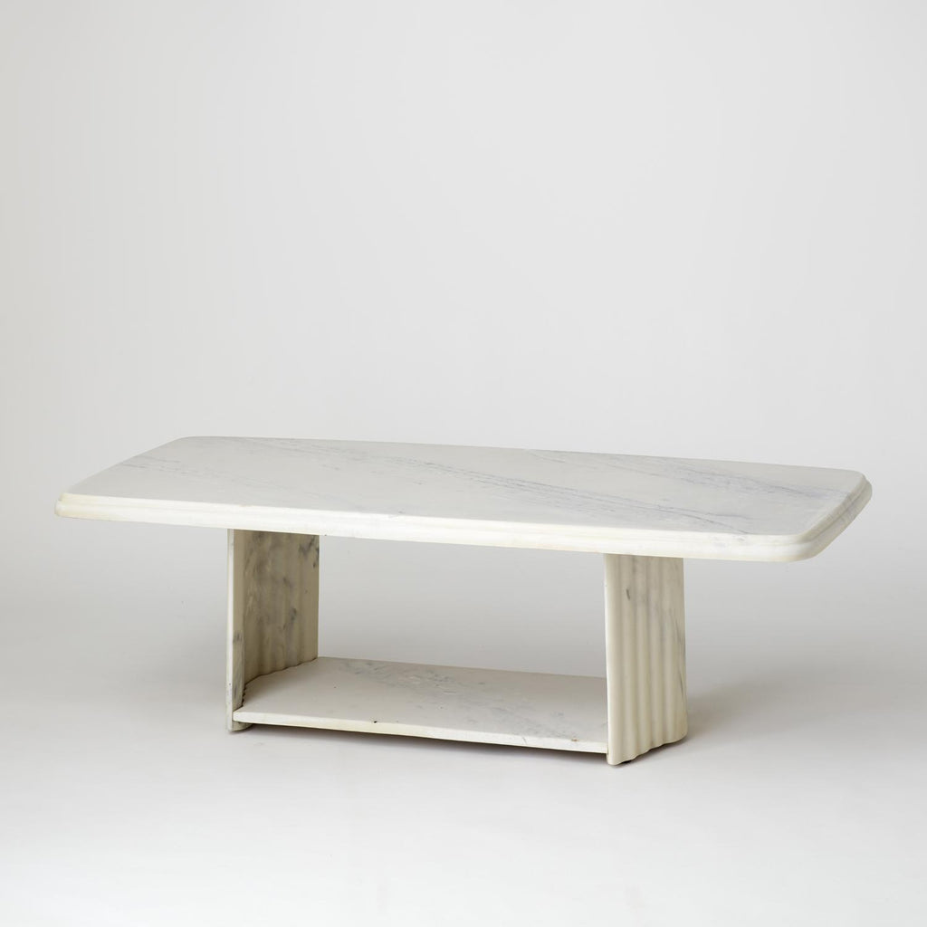 VINTAGE WHITE AND GREY VEINED STONE COFFEE TABLE WITH SHELF