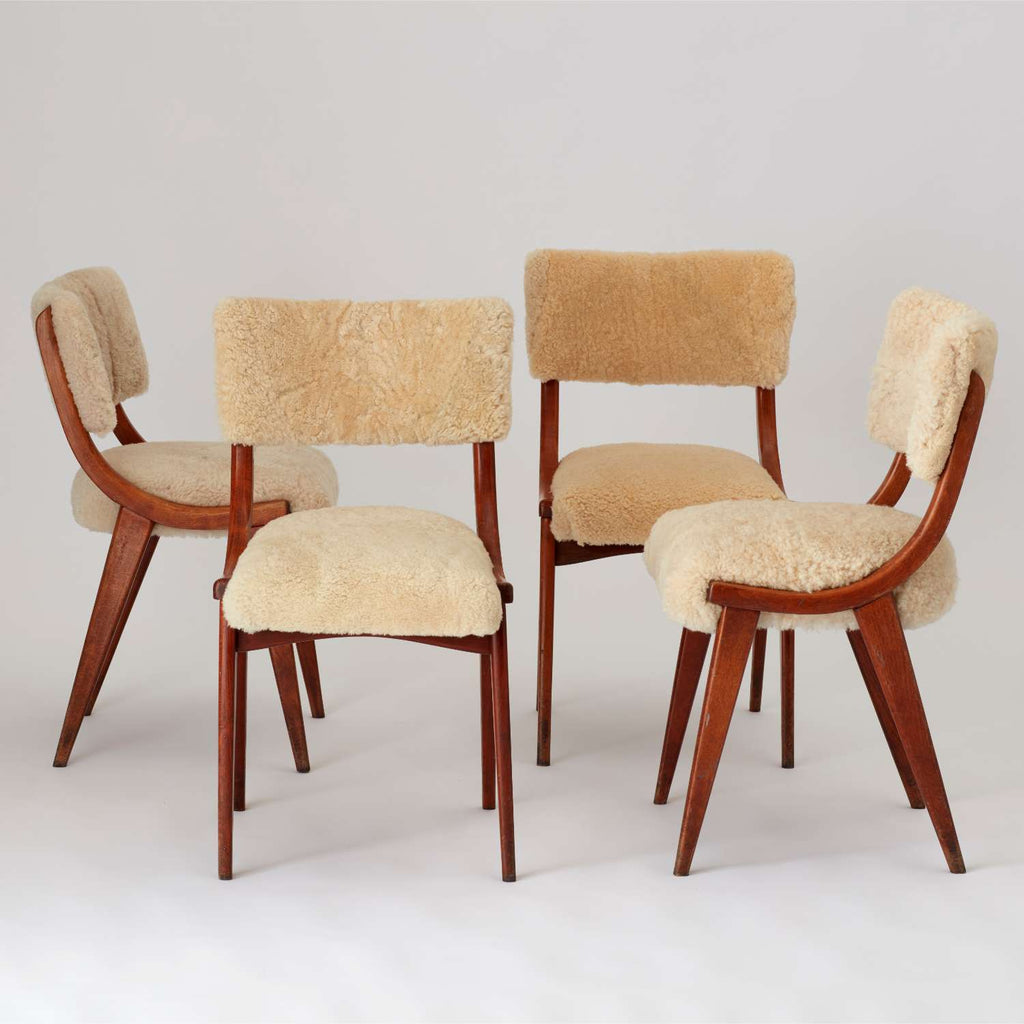 Set of four vintage Danish chairs hand upholstered in recycled sheepskin AU Bespoke