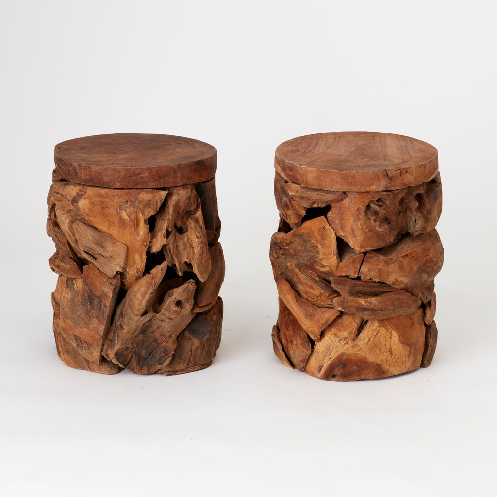 PAIR OF HAND CARVED TEAK ROOT SOLID WOOD ORGANIC SHAPED SIDE TABLES